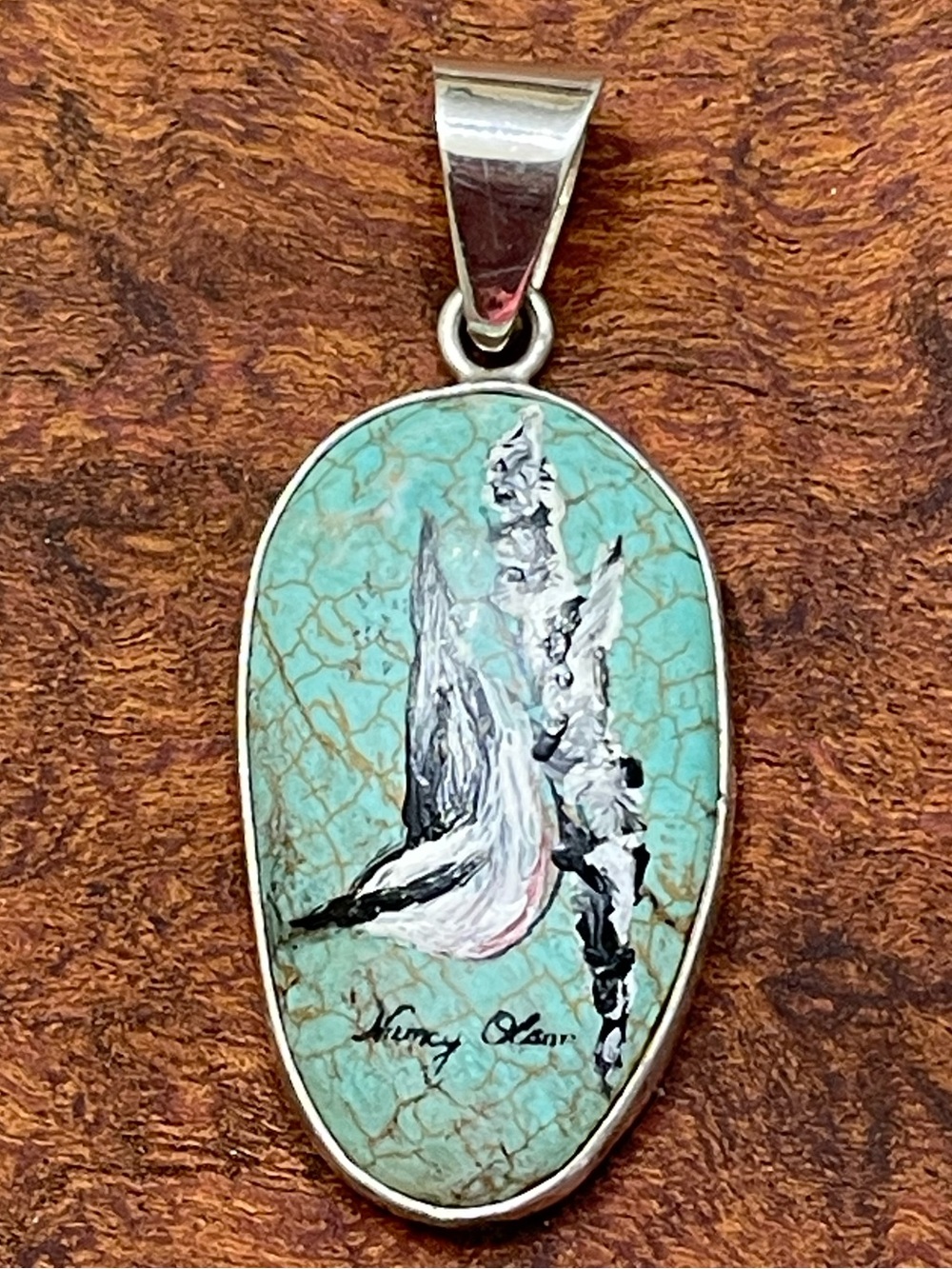 Sterling silver pendant with hand-painted bird oval turquoise cabochon bohemian